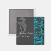 Dunkler Aquamariner Damast Save the Date Hochzeits Magnet (Vorderseite/Rückseite)