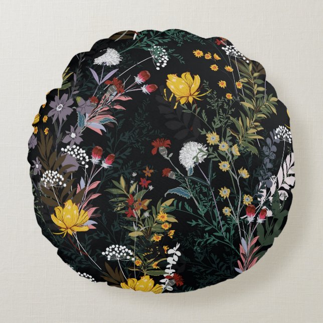 Dunkler Blumengarten: Blühendes Nachtmuster Rundes Kissen (Vorderseite)