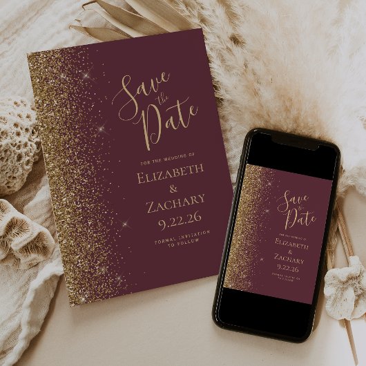 Dunkler Burgundy Gold Glitzer Edge Save the Date Ankündigung