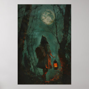 Dunkler Cottagecore-Wald-Mädchen-Kunst-Druck, Voll Poster