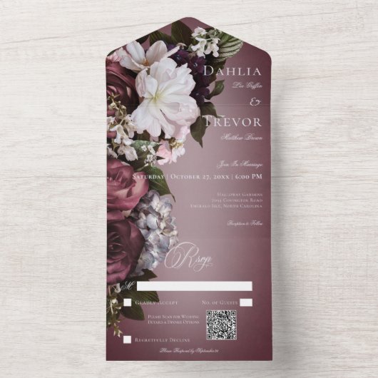 Dunkler Eleganter Burgundy & Cream Blur QR Code All In One Einladung (Innen Boden)