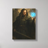 Dunkler Elf Magier hält glühenden blauen Zauberorb Leinwanddruck (Vorderseite)