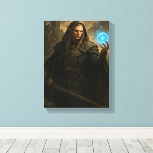 Dunkler Elf Magier hält glühenden blauen Zauberorb Leinwanddruck (Insitu (Holzboden))