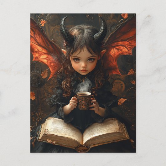 Dunkler Engel mit Kaffee und Buch Postkarte (Vorderseite)