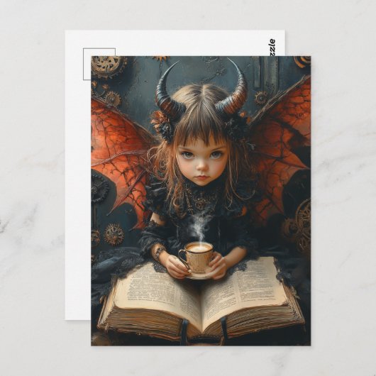 Dunkler Engel mit Kaffee und Buch Postkarte (Vorne/Hinten)