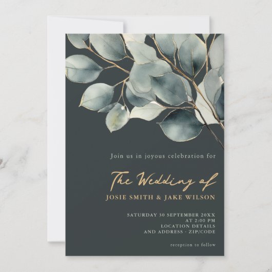 Dunkler Eukalyptus Zweig und grüne Blätter Hochzei Einladung (Vorderseite)