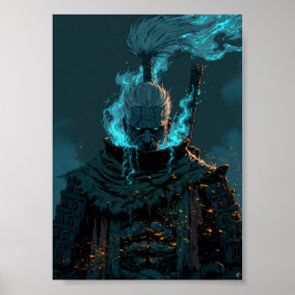 Dunkler Fantasy-Geisterkrieger mit blauen flammend Poster
