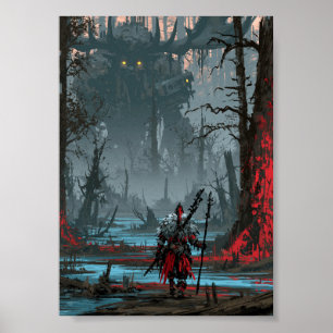 Dunkler Fantasy-Sumpfkrieger, der einem riesigen B Poster