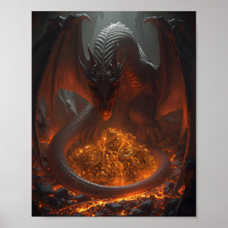 Dunkler Feuerdrache bewacht Schatz – Fantasy-Kunst Poster