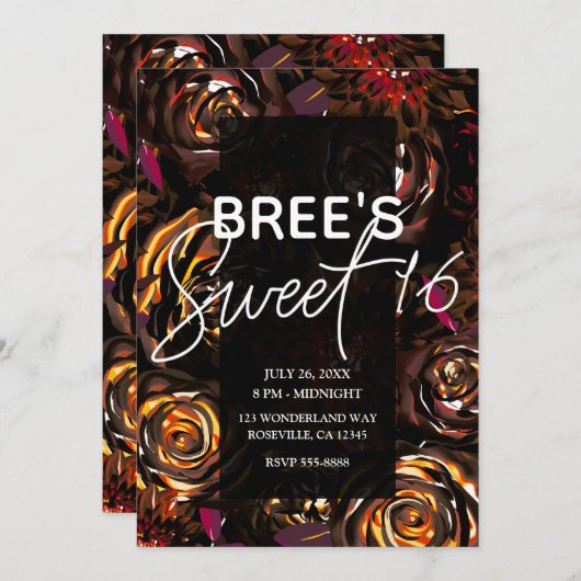Dunkler Garten Herbst Blume fallen Süß 16 Party Einladung (Vorne/Hinten)