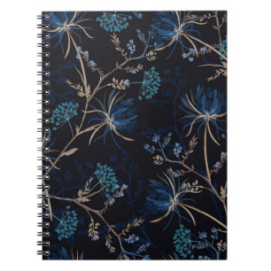 Dunkler Garten: Monochromes blaues Blumenmuster Notizblock