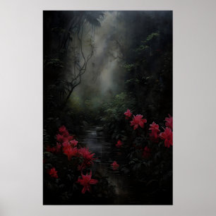 Dunkler Garten rote Blumen, dunkle Akademie, düste Poster