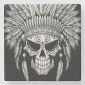 Dunkler gebürtiger Zuckerschädel mit Kopfschmuck Steinuntersetzer (Vorderseite)