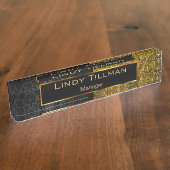 Dunkler Glitzer und schwarzer Damast Namensplakette (Seite)