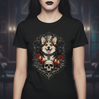 Dunkler Gothic-Corgi mit Totenkopf und Kerzen T-Shirt