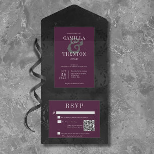 Dunkler Gothic Schwarzer Wein Blümlicher Satin QR All In One Einladung