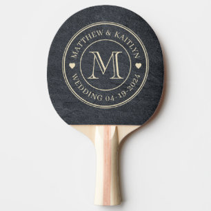 Dunkler Granitstein Hochzeitsmonogramm Herz Tischtennis Schläger