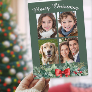 Dunkler grüner Kranz Vier-Fotos-Weihnachten Feiertagskarte