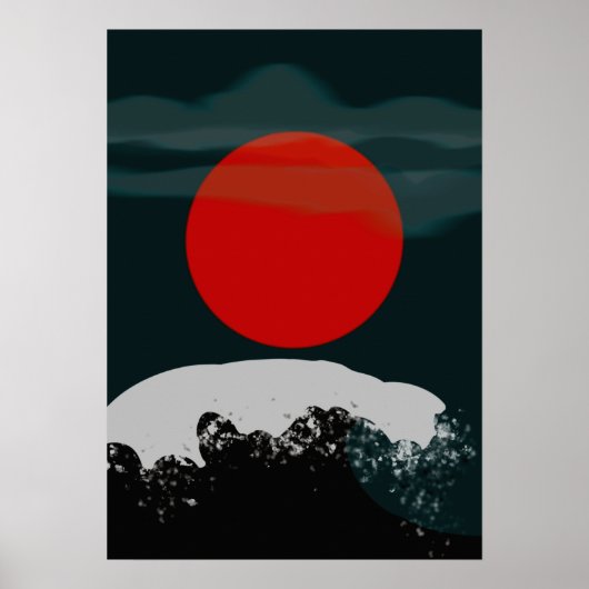 Dunkler grüner Sonnenuntergang mit roter Sonne Poster (Vorne)