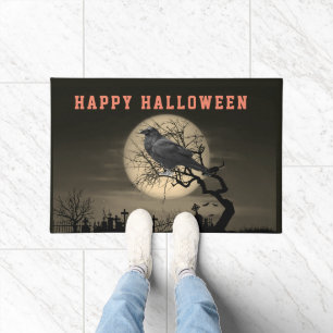 Dunkler Halloween-Friedhof und Rabe im Baum   Fußmatte