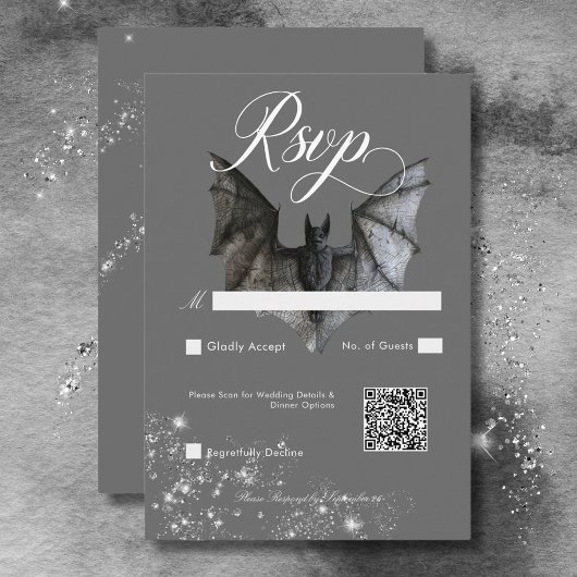 Dunkler Halloween Glam Bat & Diamonds Hochzeitssti RSVP Karte