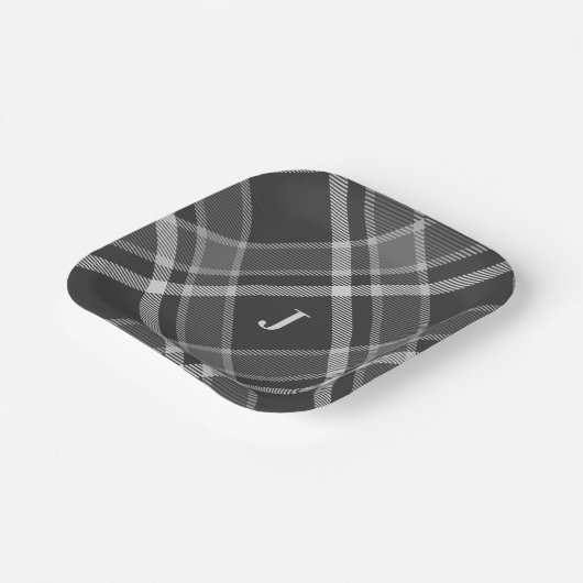 Dunkler Kohlengrauer Tartan Kariert mit Monogramm Pappteller (Gewinkelt)