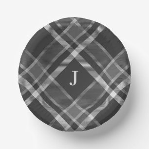 Dunkler Kohlengrauer Tartan Kariert mit Monogramm Pappteller