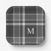 Dunkler Kohlengrauer Tartan Kariert mit Monogramm Pappteller (Vorderseite)