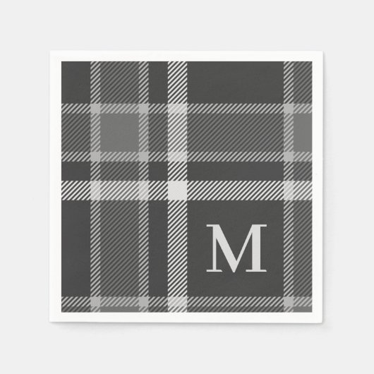 Dunkler Kohlengrauer Tartan Kariert mit Monogramm Serviette (Vorderseite)