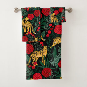 Dunkler Leopard-Dschungel mit Rose Badhandtuch Set