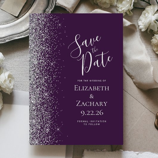Dunkler Lila Silber Glitzer Save the Date Folieneinladung