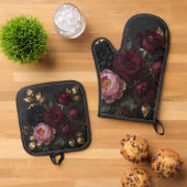 Dunkler, melancholischer Blumenstrauß Ofenhandschuh & Topflappen-Set (Oben Unten)