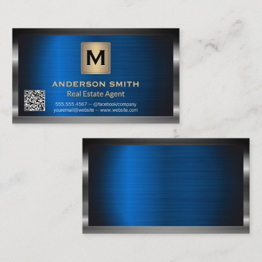 Dunkler Metallrahmen | Blue Metallic | QR-Code Visitenkarte (Vorne/Hinten)