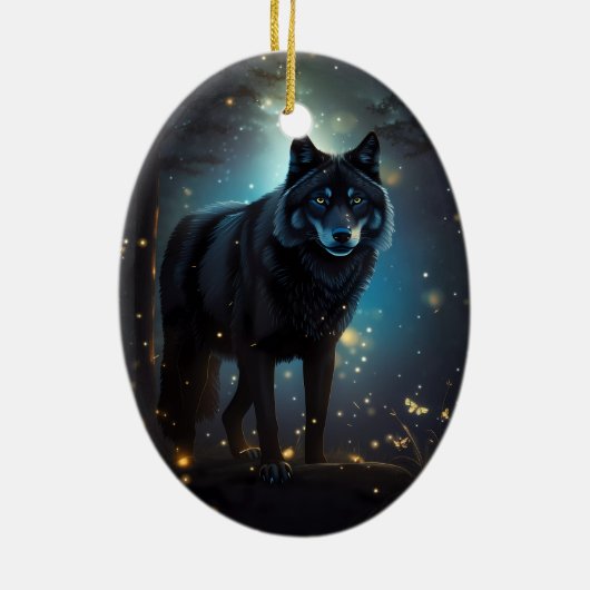 Dunkler Mysteriöser Schwarzer Wolf Keramik Ornament (Hinten)