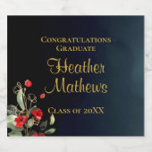 Dunkler Navy Blue Red Floral Gold Abschluss Schaumweinetikett (Einzelnes Label)