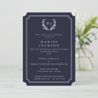 Dunkler Navy Monogram Laurel Wreath Abschluss Einladung