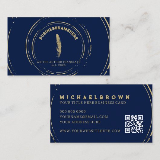 Dunkler Navy Writer Mobile Notary Gold QR Code Visitenkarte (Vorne/Hinten)