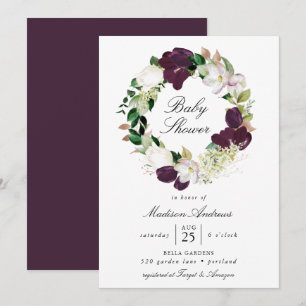 Dunkler Pflaumen-Blumenkranz Babyparty Einladung