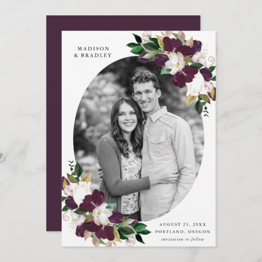Dunkler Plum floral | FOTO SAVE THE DATE (Vorne/Hinten)