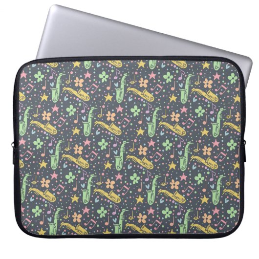 Dunkler Retro Saxophone Muster Laptop-Sieb Laptopschutzhülle (Vorderseite)