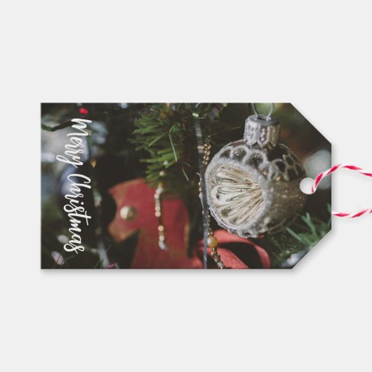 Dunkler Retro-Weihnachtsbaum Geschenkanhänger (Vorderseite (Horizontal))