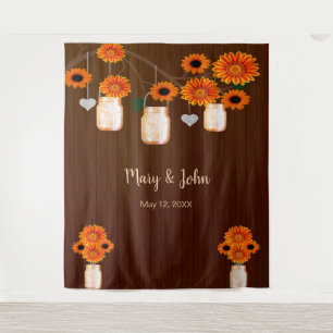 Dunkler Rustikaler Orangen Blumen Mason Glas Foto Wandteppich