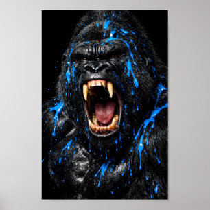 Dunkler schwarzer brüllender Gorilla blaue Farbspr Poster