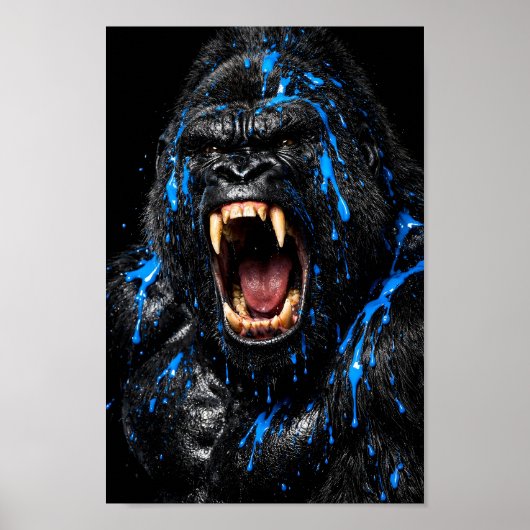 Dunkler schwarzer brüllender Gorilla blaue Farbspr Poster (Vorne)