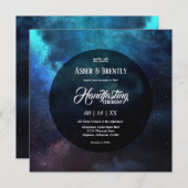 Dunkler Sternenblauer Nebel Modernes Handfasten Einladung (Vorne/Hinten)