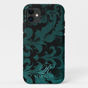 Dunkler Teal-Vintage-Damast-Monogramm-Handyhülle iPhone 11 Hülle