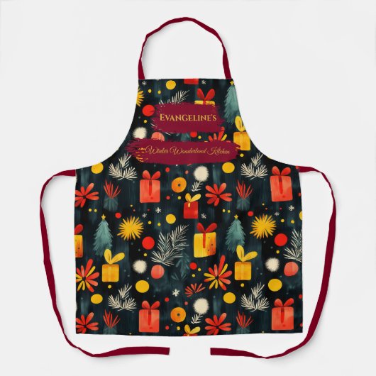 Dunkler Urlaub mit Geschenkboxen, Kiefernzweige, S Schürze (Vorderseite)