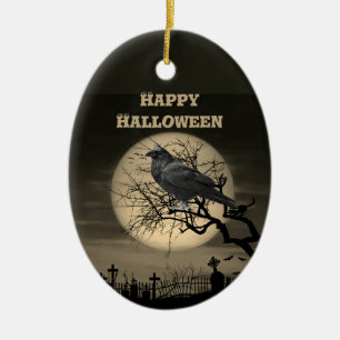 Dunkler Vollmond-Friedhof und Rabe Halloween  Keramik Ornament