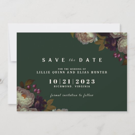 Dunkler Wald grün | Elegant Floral Jewel Tone Save The Date (Vorderseite)