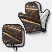 Dunkler Walnussbaum mit glänzenden Goldflüssen Ofenhandschuh & Topflappen-Set (Vorderseite/Rückseite)